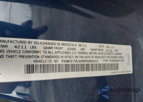 2011 Volkswagen Jetta 2.5L Se из США, поврежденный, VIN 3VWDZ7AJ2BM388322